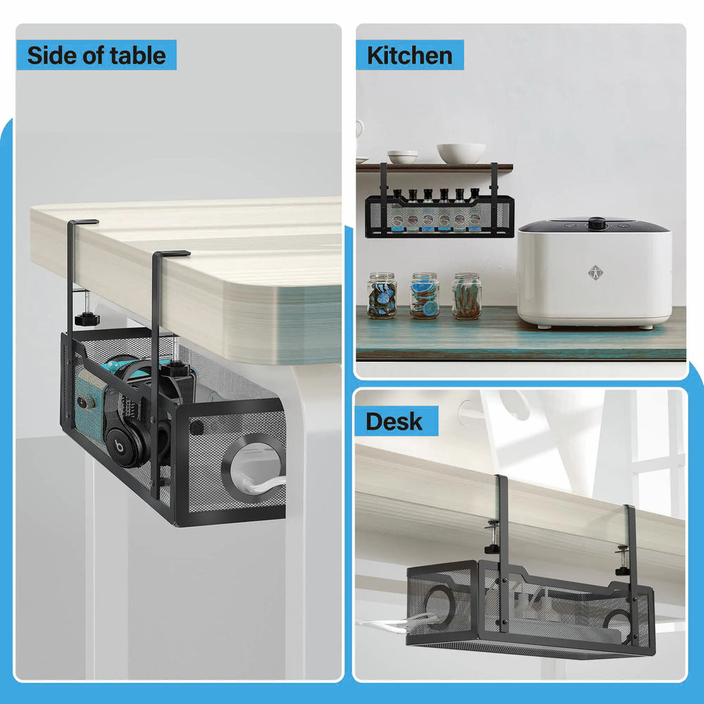 Under Desk Multifunctional Carbon Steel Non-Folding Cable Management Tray Black No Drill with Clamp Cable Tray